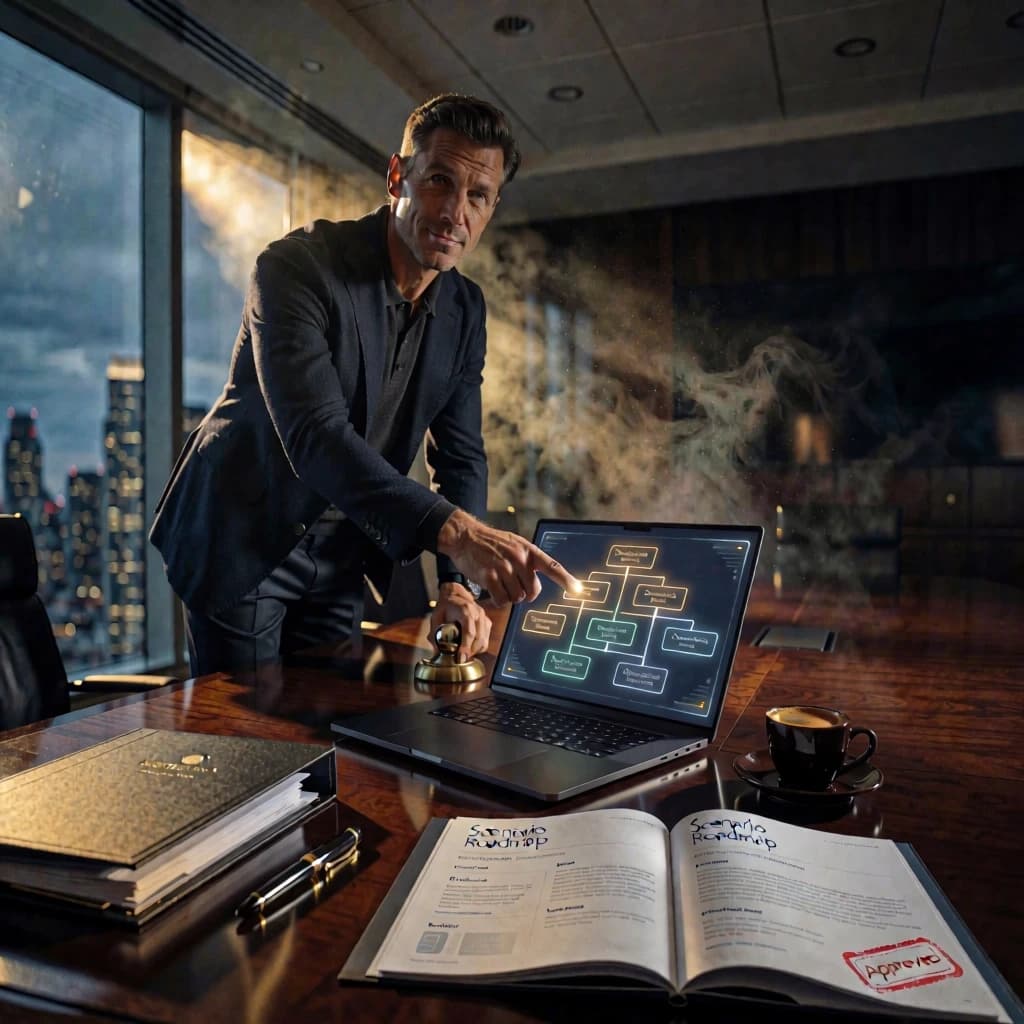 Prompt:
Cinematic low-angle wide shot, dramatic perspective looking up at a massive mahogany boardroom table. In the foreground, a confident male consultant in his 40s, dressed in smart-casual style: a tailored navy blazer over a fine-gauge charcoal knit polo (no tie), paired with dark tailored chinos and minimalist leather loafers. He leans forward with one hand pointing decisively at the holographic decision-tree on the laptop screen, his other hand resting loosely on a brass paperweight. His posture is upright but relaxed, shoulders open, chin slightly raised. His expression: steady, focused gaze, a faint approachable smile, exuding calm authority and effortless expertise — his casual attire underscores easy communication despite the high-stakes tax strategy. Hyper-detailed, photorealistic, shot on Phase One XF IQ4 150MP, 85mm lens, f/2.8 shallow depth of field, creamy bokeh. Central composition: matte-black laptop with glowing gold/emerald/steel-blue decision-tree pathways. Foreground items: thick linen client files with gold foil edges, Montblanc pen, espresso with crema, open "Scenario Roadmap" brochure with red "Approved" stamp. Dramatic chiaroscuro lighting — single golden sunset ray from left illuminating the consultant's face, the screen, and dust particles, while right side falls into deep shadow. Volumetric fog. Background: twilight city skyline through floor-to-ceiling window, blurred, with subtle reflections on polished wood. Color palette: deep charcoal, warm amber gold, midnight blue, crisp white. Luxury, authoritative, ultra-premium analytical consulting with a modern, approachable edge. --ar 16:9 --v 6.0 --style raw --s 400 --quality 2