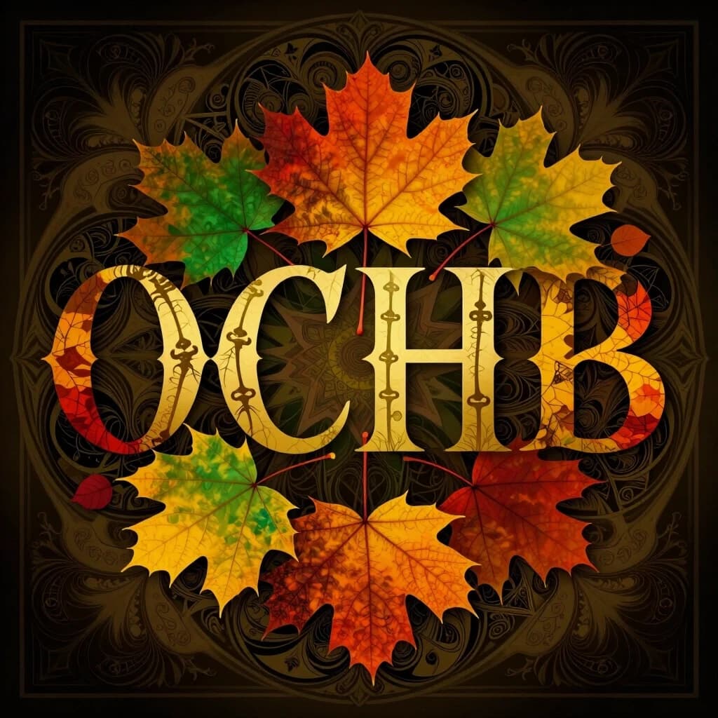 Digital image with double exposure and overlay of layers and textures. Vector graphics. The word "OCEHB" is made of gold, crimson and green skeletonized textured autumn leaves in various shades of yellow, orange, green and red. An unusual font made of autumn leaves. A very detailed and impressive font. Font and background contrast, fading, gradient. Background: a lot of dark with light ornaments. Delicate elements of the floral pattern. Gothic, decorative style, Art Nouveau. Abstract vector fractal pattern, Zentangle, Gothic, dark art. In the style of Alphonse Mucha, Gustav Klimt, Aubrey Beardsley and Roman Tirtov. High level of detail.