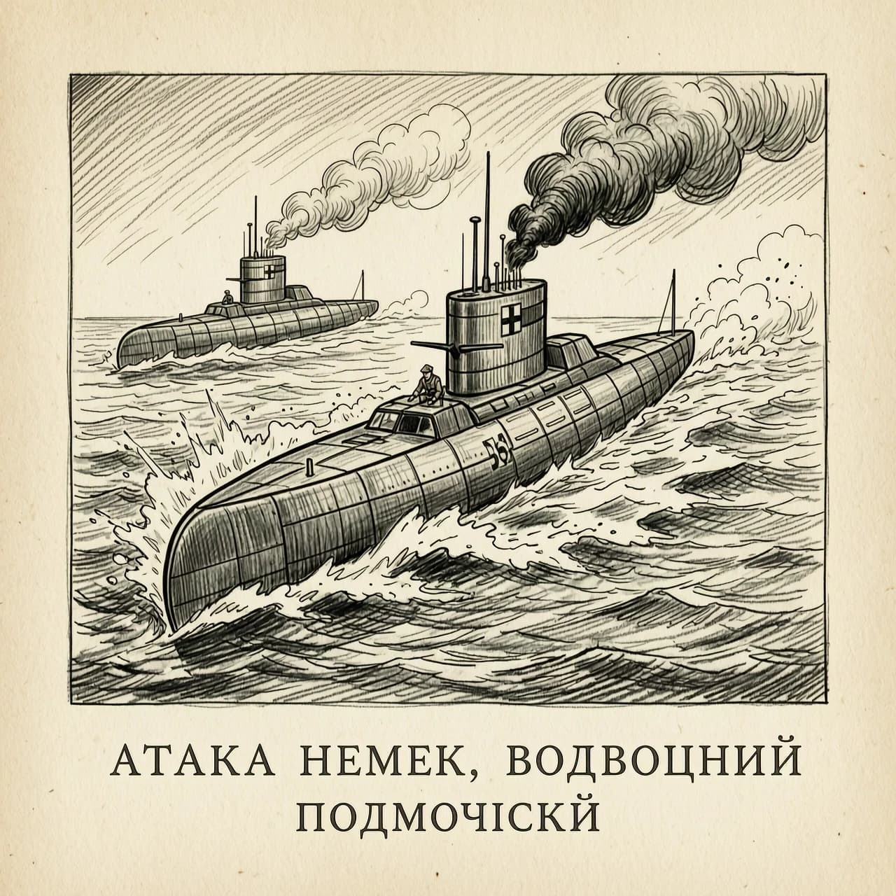 книжная иллюстрация карандашом атака немецкой подводной лодки
