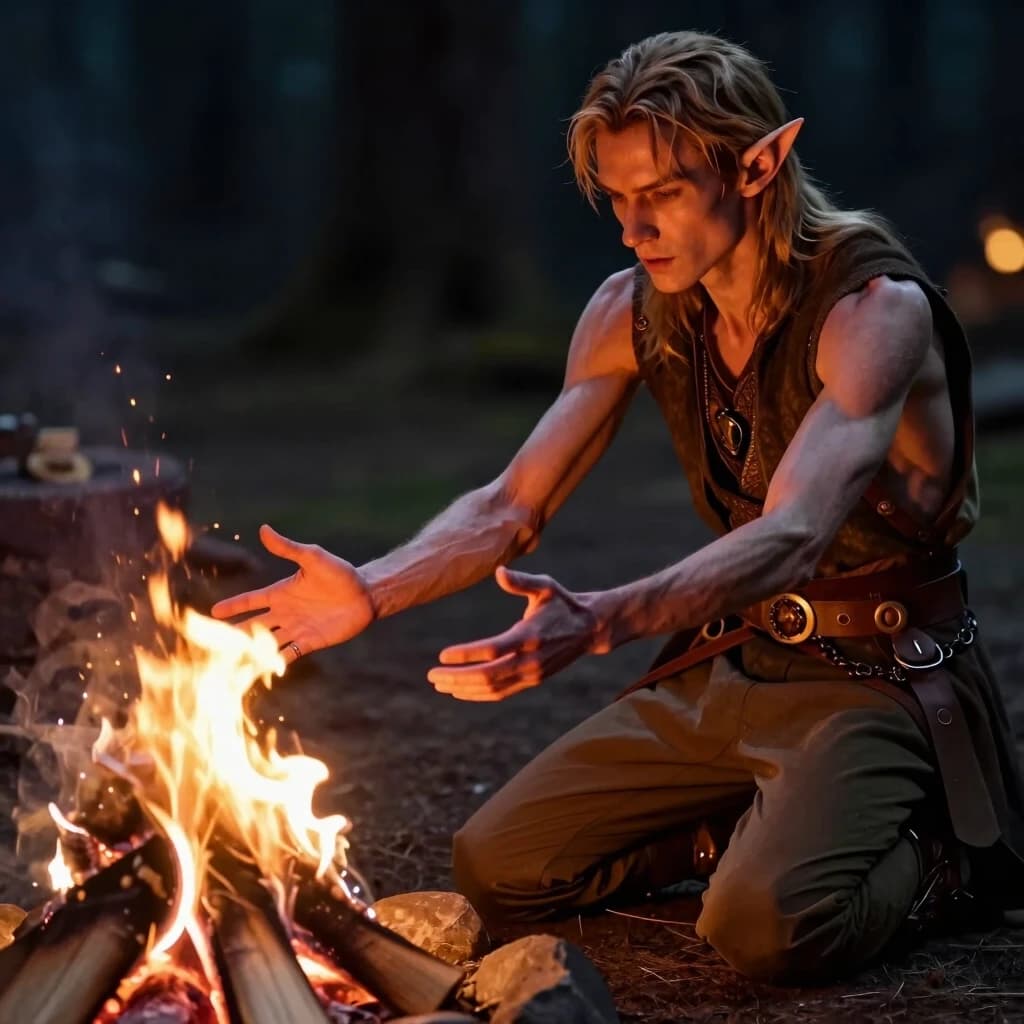 A slender, thin male elf is sitting on the ground, kneeling in front of a small campfire, and he is extending his hands toward it, palms facing the fire, to warm himself.