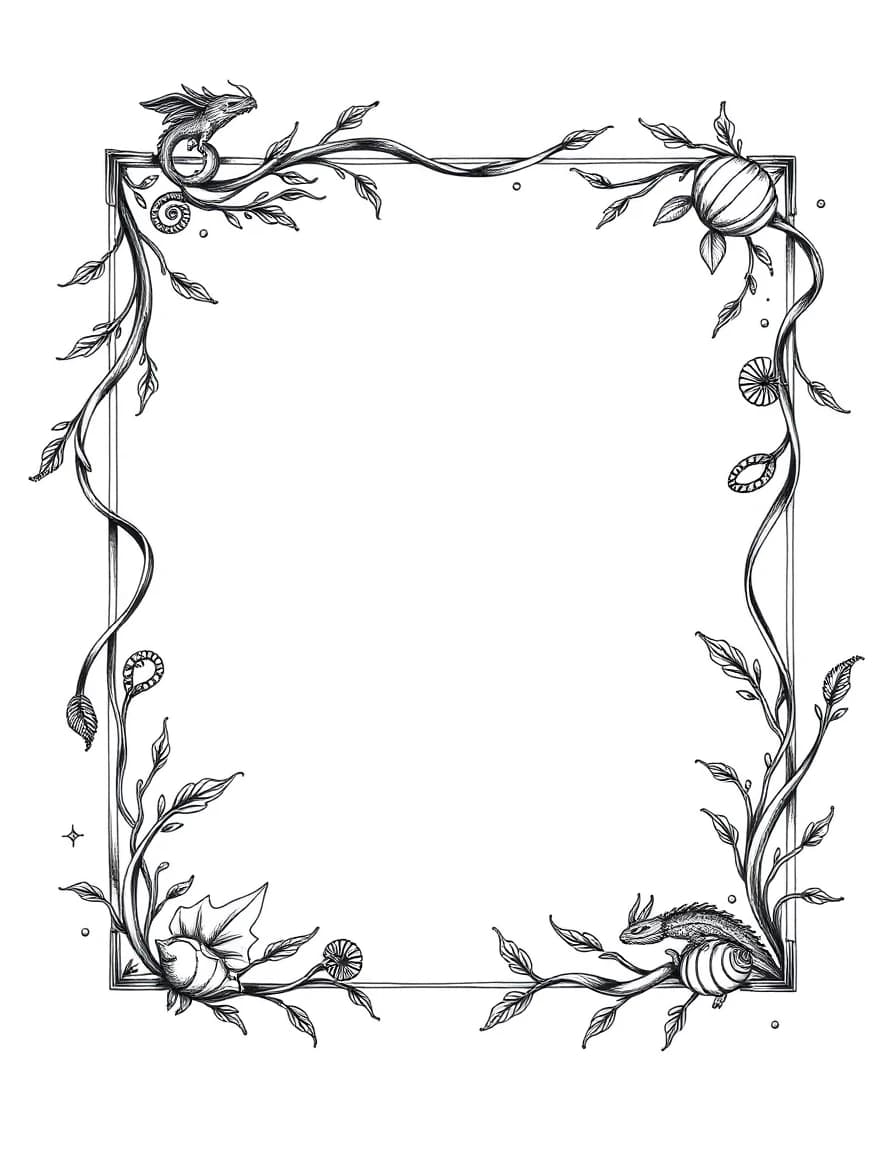 An elegant decorative frame for a fantasy book dictionary of an ancient underwater civilization. Pure white background. Fine black ink engraving, vintage scientific-book illustration style. A thin rectangular ornamental frame made of flowing seaweed, delicate shells, small marine dragons, tiny crystals and subtle ocean waves. The corners contain graceful curled dragon tails and shell motifs. Small geometric symbols inspired by an ancient underwater writing system are integrated naturally into the ornament. Refined, symmetrical, airy composition, thin clean lines, black ink only, no gray fills, no color, no text, no letters, no background texture, suitable for a printed book page.