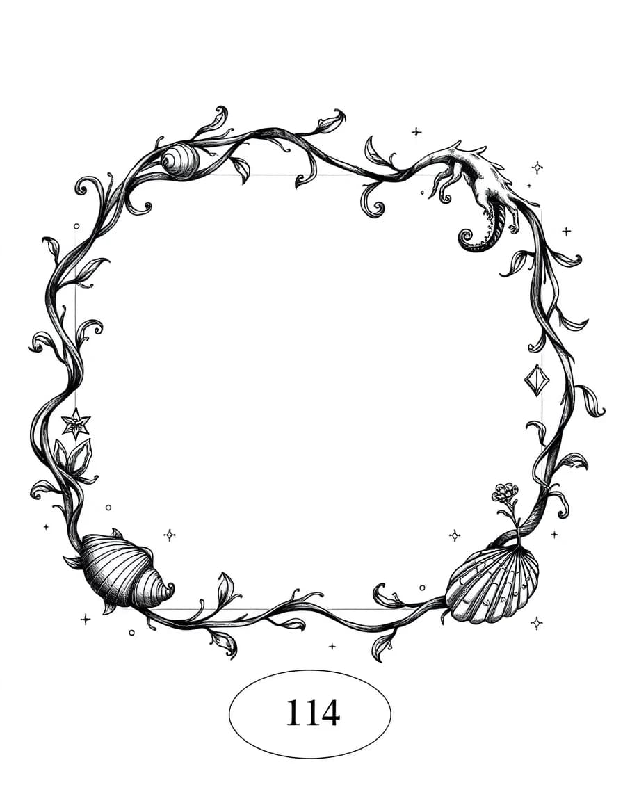 An elegant decorative frame for a fantasy book dictionary of an ancient underwater civilization. Pure white background. Fine black ink engraving, vintage scientific-book illustration style. A thin rectangular ornamental frame made of flowing seaweed, delicate shells, small marine dragons, tiny crystals and subtle ocean waves. The corners contain graceful curled dragon tails and shell motifs. Small geometric symbols inspired by an ancient underwater writing system are integrated naturally into the ornament. Refined, symmetrical, airy composition, thin clean lines, black ink only, no gray fills, no color, no text, no letters, no background texture, suitable for a printed book page.