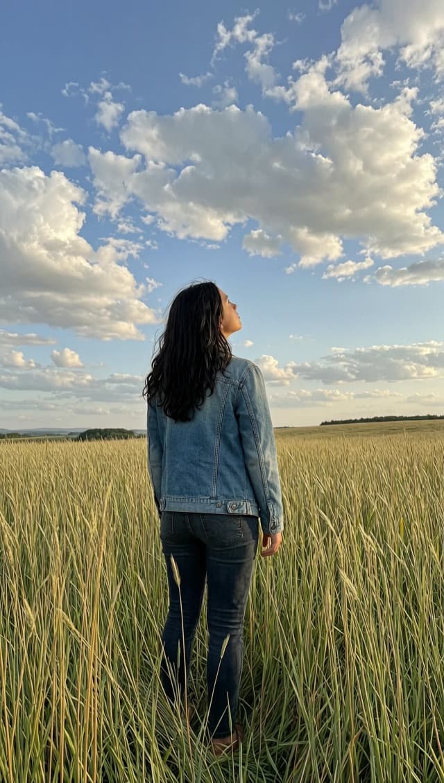 Create a realistic photo. A girl with dark hair is standing with her back to the camera. She is standing in a field and looking up at the sky from the depths.