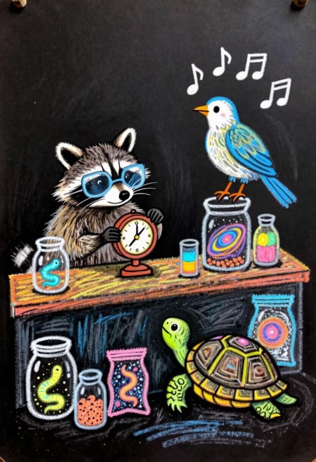 Colored chalk drawing on textured dark paper, bold outlines, rich saturated pigments, visible chalk strokes and grain, soft smudging for shading. A bustling, slightly chaotic pet shop filled with extraordinary animals: a raccoon wearing tiny goggles and tinkering with a clockwork toy, a bird with feathers made of musical notes chirping a visible melody line, and a turtle whose shell is a tiny rotating galaxy. The shop counter is cluttered with jars of glowing worms and bags of stardust feed. The lighting is dramatic, with a spotlight effect highlighting the creatures while the edges fade into the dark background. The mood is vibrant, energetic, and slightly surreal, emphasizing the tactile quality of chalk art.