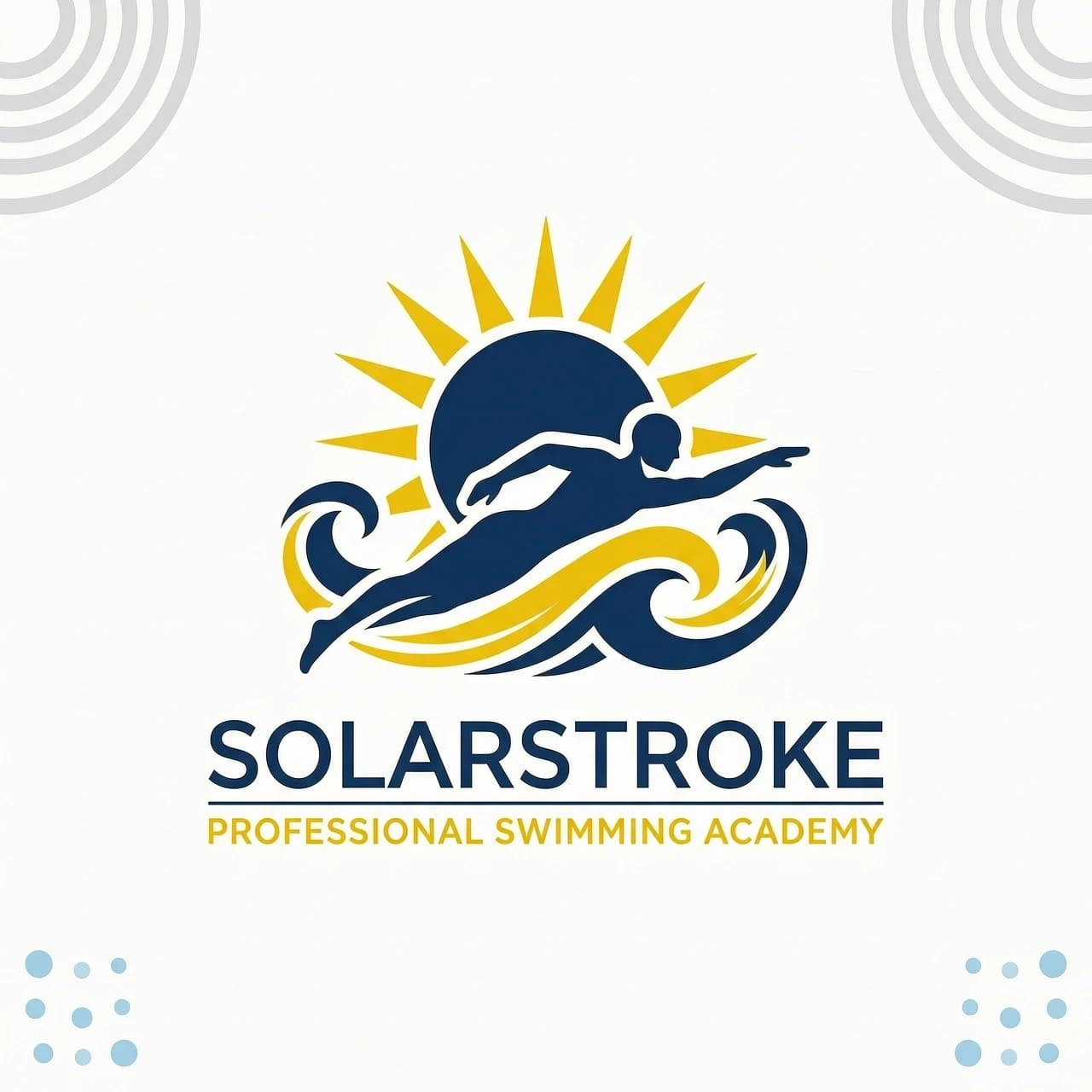 Minimalist vector logo design of a creative hybrid symbol combining a professional swimmer and a radiant sun, partially submerged in stylized water ripples. The silhouette of a swimmer in mid-stroke seamlessly merges with the glowing circular form of a sun, where the sun's rays transform into elegant, flowing water splashes and dynamic waves. Flat design, clean geometric lines, high contrast, solid shapes. Color palette: deep ocean blue, bright sunburst yellow, and crisp white. Centered composition, symmetrical balance, isolated on a plain white background. Professional branding aesthetic, sleek, modern, and iconic.