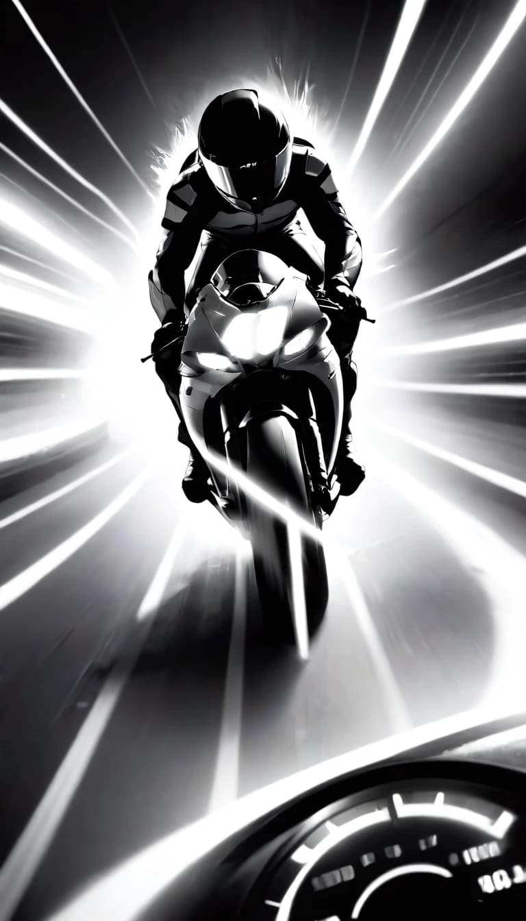 A striking black-and-white, high-speed shot of a motorcyclist on a racetrack; superimposed at the top of the frame is a large, glowing speedometer showing ascending increments—20, 40, 60, 80, 100, 120, 140, 160—with the needle pushed past the 160 mark. The motorcycle features a sleek, modern design, and the rider is clad in a full leather suit and helmet. A blurred background of trees and a cloudy sky accentuates the sense of motion and speed. The image’s overall aesthetic—rugged and dynamic—captures the raw thrill of extreme-speed riding.