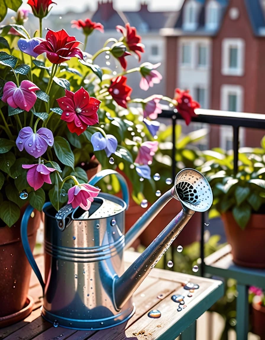 An artistic close-up of flowers being watered on a sunny balcony. A thin stream of water pours from a vintage metal watering can, every droplet sparkling like a tiny crystal diamond in the sunlight. Lush red, pink, white and lilac flowers surround the scene, their large green leaves covered with shimmering droplets. A softly blurred summer city and blue sky appear in the background. A human hand holds the watering can, creating a sense of life and presence. Stunning macro photography effect, sparkling water droplets, shallow depth of field, photorealistic, cinematic sunlight, vertical composition.