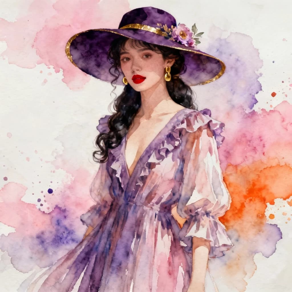 The image is a portrait of a young woman wearing a large, wide-brimmed hat with a floral design on the side. The hat is made of a dark purple fabric with gold accents and has a wide brim. The woman is wearing a long, flowing dress with a deep V-neckline and ruffled sleeves. She has long, dark hair styled in loose curls and is wearing red lipstick and gold earrings. The background is a watercolor-like texture with splashes of pink, purple, and orange. The overall mood of the image is dreamy and ethereal.