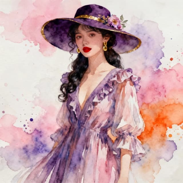 The image is a portrait of a young woman wearing a large, wide-brimmed hat with a floral design on the side. The hat is made of a dark purple fabric with gold accents and has a wide brim. The woman is wearing a long, flowing dress with a deep V-neckline and ruffled sleeves. She has long, dark hair styled in loose curls and is wearing red lipstick and gold earrings. The background is a watercolor-like texture with splashes of pink, purple, and orange. The overall mood of the image is dreamy and ethereal.