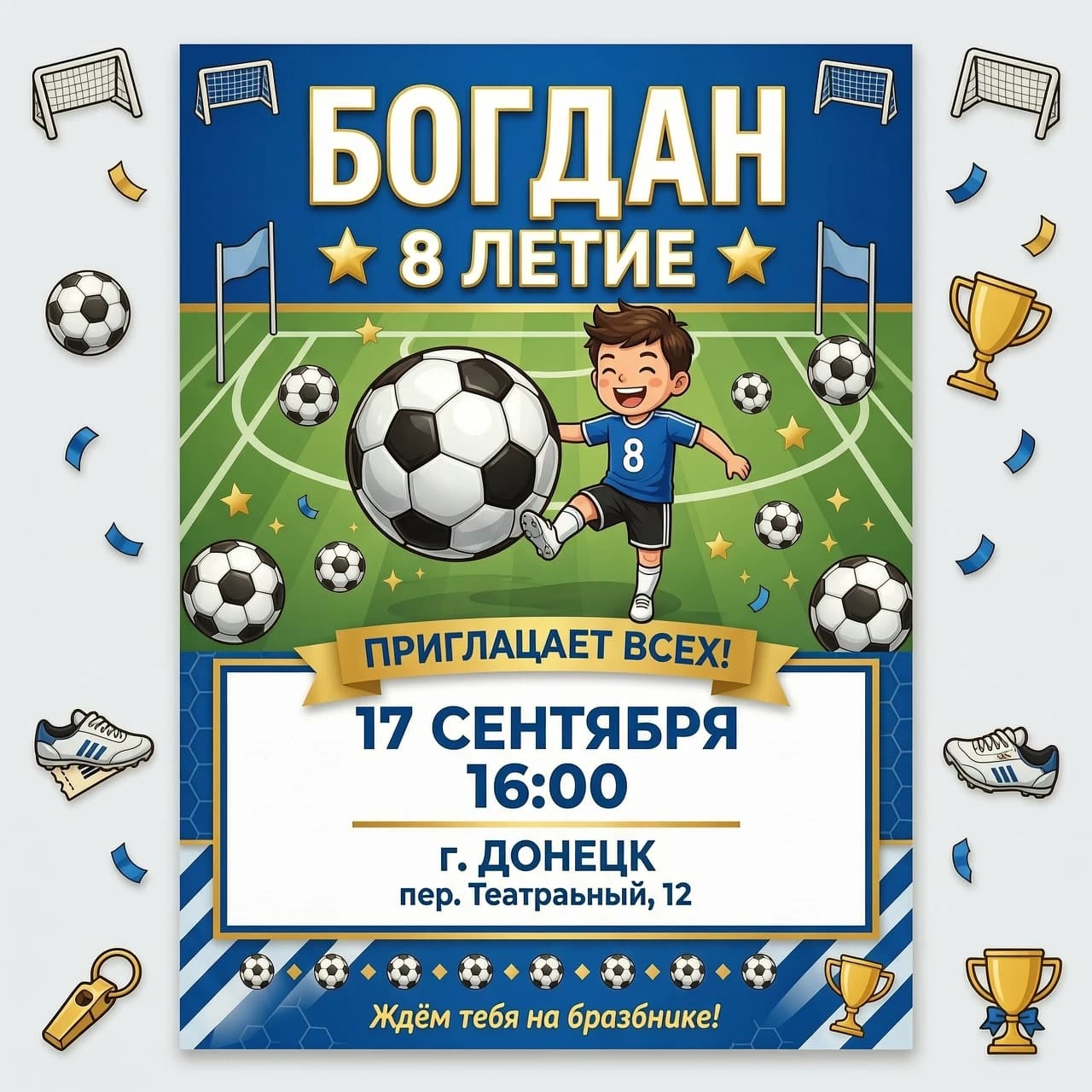 Богдан приглашает всех на свое 8 летие!17 сентября в 16.00 г.Донецк пер.Театральный 12 
Приглашение в футбольном стиле