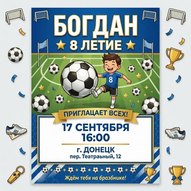 Богдан приглашает всех на свое 8 летие!17 сентября в 16.00 г.Донецк пер.Театральный 12 
Приглашение в футбольном стиле