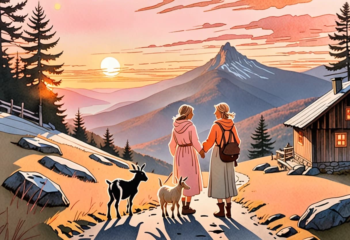 A heartwarming  scene of Heidi and her aunt arriving at the grandfather's mountain hut. The golden setting sun bathes the mountains in soft pink and orange hues. The grandfather welcomes them with open arms. A small goat and a dog are in the foreground. Style: delicate line art with ink and soft pastel washes. Extremely cozy, nostalgic, and emotional atmosphere, 8k resolution.