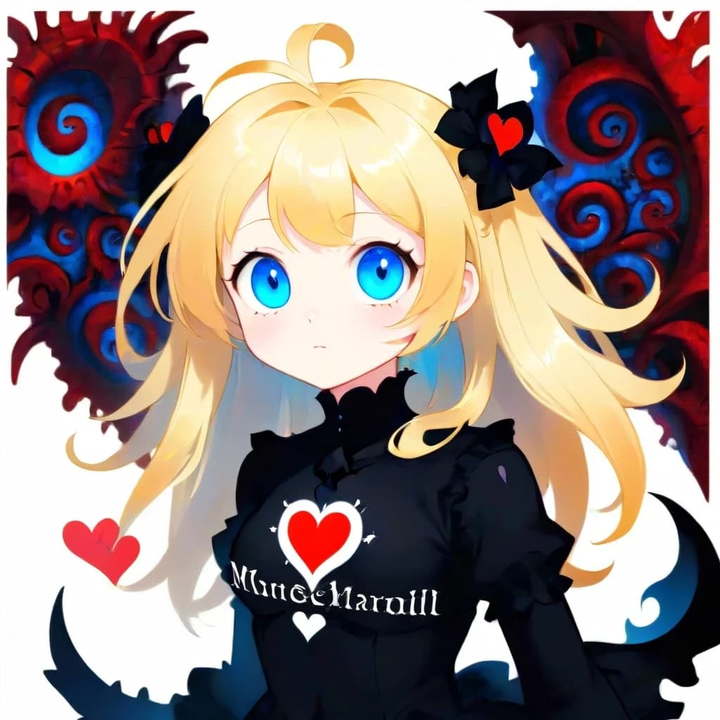 Mandelbrot fractals pretty little goth girl all in black with blonde hair blue eyes. masterpiece, museum quality, 64k, isolated white background, medium "AI art, by Miso" makers mark in the bottom right corner small script and red heart.