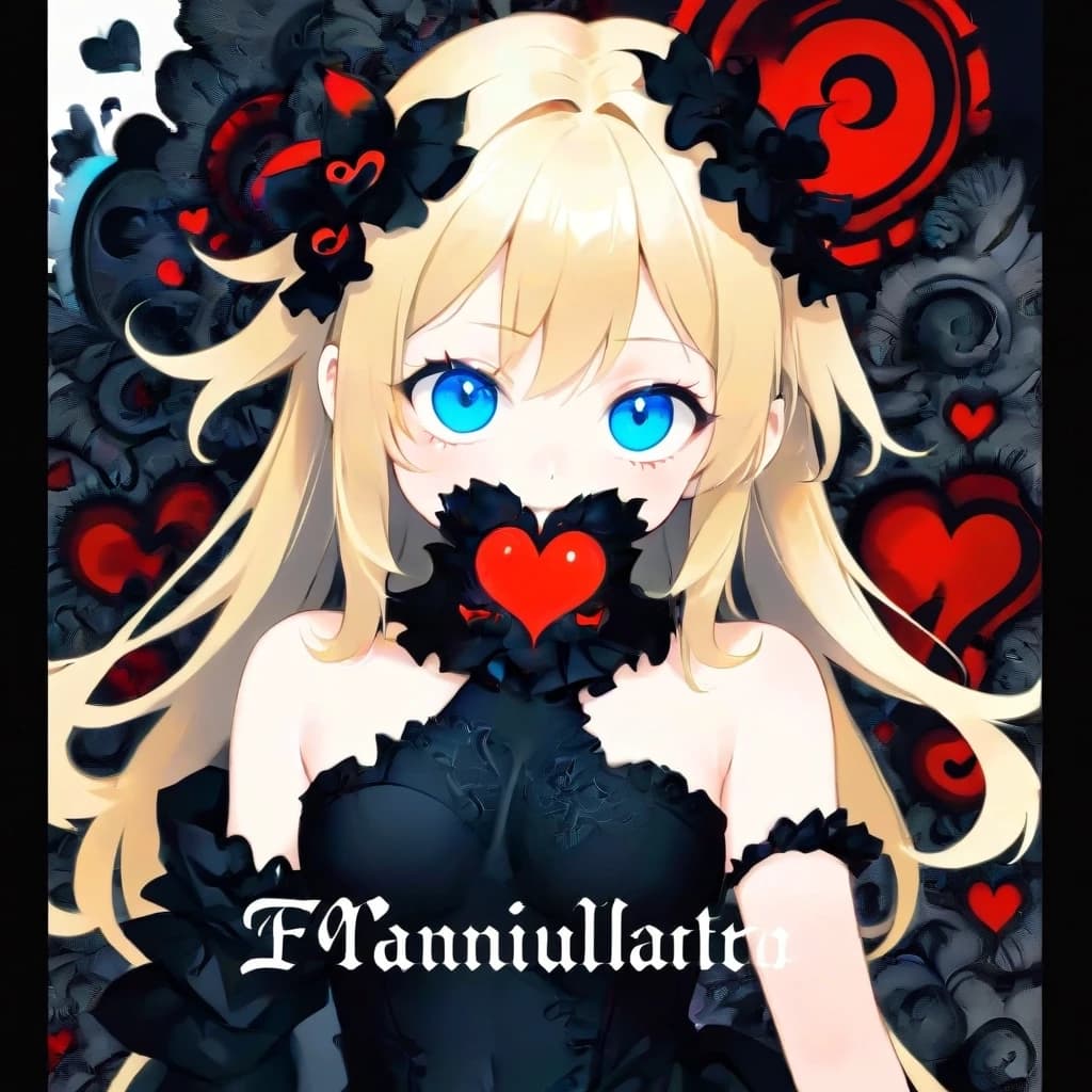 Mandelbrot fractals pretty little goth girl all in black with blonde hair blue eyes. masterpiece, museum quality, 64k, isolated white background, medium "AI art, by Miso" makers mark in the bottom right corner small script and red heart.
