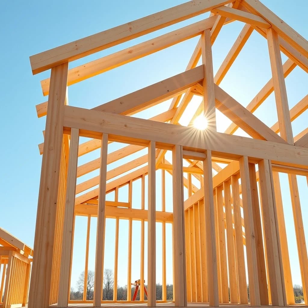 A bright daytime shot of a modern Scandinavian style frame house under construction. Clean, high-quality light wood timber beams and planks forming the wall frameworks and roof studs. Professional carpentry work, perfect joints. Bright sunbeams shining through the wood structure, clear blue sky. Photorealistic, 8k, highly detailed.