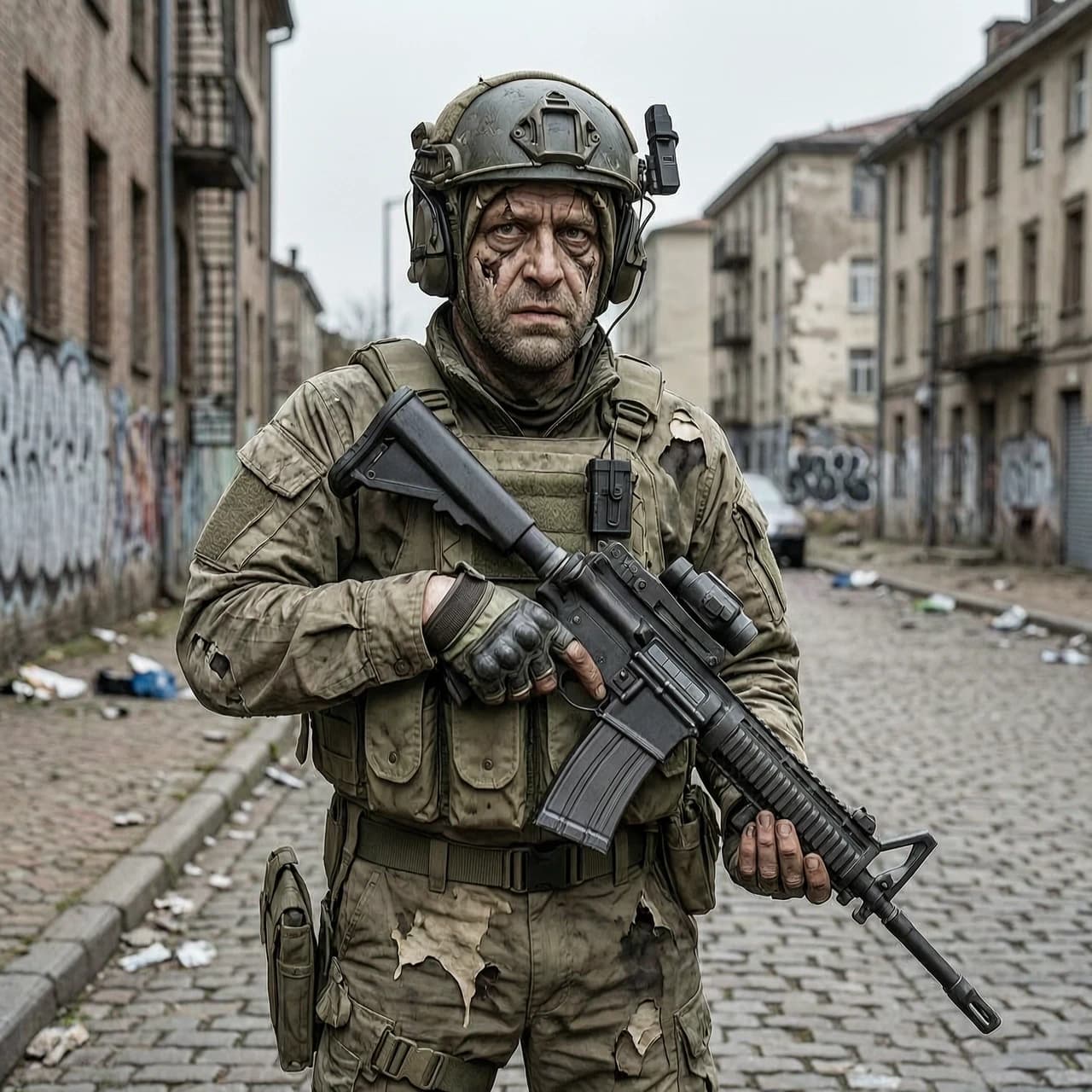 Создай фотографию БОМЖа в образе персонажа спецназовца компьютерной игры cs2