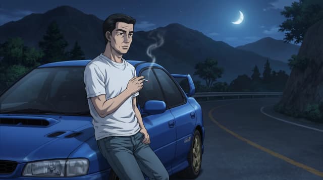 Initial D (Аниме), Бунта Фудзивара (мужчина средних лет, в белой футболке и в джинсах, короткие черные волосы, курит) стоит радом с синей Subaru Impreza WRX STi Type R Version V, стоит на горной дороге, на фоне японских гор, ночь с луной, шедевр, крупный план, стиль аниме с реалистичными деталями