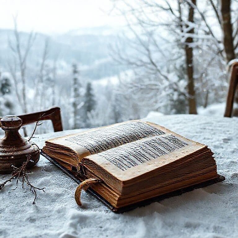 Старинная книга, лежащая на столе, на развороте книги сказочный зимний пейзаж