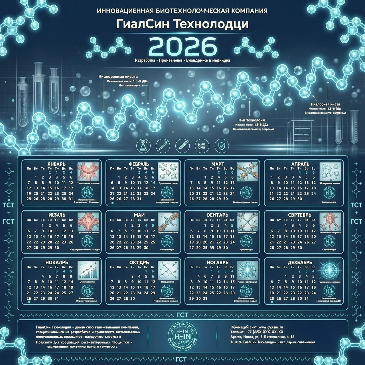 Создать календарь по месяцам на 2026 год для компании ГиалСин Технолоджи динамично развивающаяся компания,  которая специализируется на разработке, производстве и внедрении в медицину высококачественных инъекционных препаратов гиалуроновой кислоты.
Используя сырьё от мирового лидера биотехнологий, компания выпускает препараты для коррекции регенераторных процессов и восстановления локального тканевого гомеостаза, предназначенные для лечения остеоартроза и заболеваний, связанных с дистрофией соединительной ткани (изменением её структуры и функции) в травматологии, ревматологии, офтальмологии, гинекологии, хирургии, стоматологии, неврологии. Компанией разработана и внедрена инновационная оригинальная H-in технология воздействия на молекулы гиалуроновой кислоты.