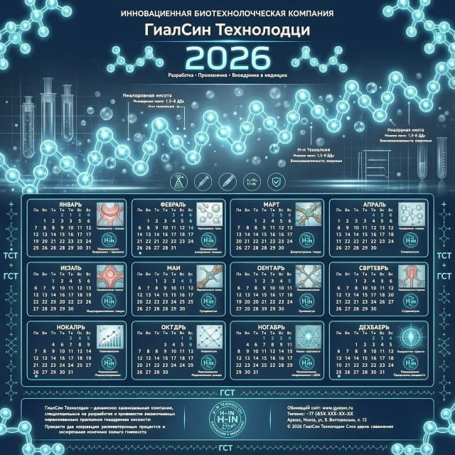 Создать календарь по месяцам на 2026 год для компании ГиалСин Технолоджи динамично развивающаяся компания,  которая специализируется на разработке, производстве и внедрении в медицину высококачественных инъекционных препаратов гиалуроновой кислоты.
Используя сырьё от мирового лидера биотехнологий, компания выпускает препараты для коррекции регенераторных процессов и восстановления локального тканевого гомеостаза, предназначенные для лечения остеоартроза и заболеваний, связанных с дистрофией соединительной ткани (изменением её структуры и функции) в травматологии, ревматологии, офтальмологии, гинекологии, хирургии, стоматологии, неврологии. Компанией разработана и внедрена инновационная оригинальная H-in технология воздействия на молекулы гиалуроновой кислоты.