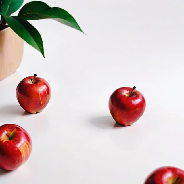 a red apple on a white table