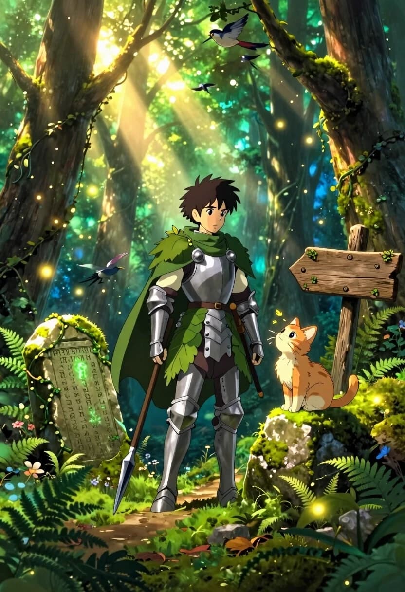 Anime fantasy art, Makoto Shinkai and Studio Ghibli vibes, vibrant saturated greens and warm sunlight, volumetric lighting, floating dust motes, hyper‑detailed textures, soft cinematic atmosphere. A young bogatyr stands at a crossroads in a lush, sun‑drenched forest. He’s in light armor with a cloak made of leafy fabric that blends into the foliage; his helmet is off and tucked under one arm, revealing a face full of quiet tension and inner conflict. In his other hand, he holds a lowered spear, its tip resting on the mossy ground.

The ancient stone slab with the prophecy is overgrown with vines and moss, its Cyrillic runes glowing faintly with a soft green magic. It stands at the fork of two forest paths: one leads deeper into the shadowy woods, the other opens into a sunlit glade. A wooden signpost with carved directions leans slightly beside the stone, its wood weathered and covered in tiny ferns.

A tiny fluffy ginger kitten sits right on the stone’s edge, looking up at the bogatyr with wide, innocent eyes. It’s not afraid, just curious, as if it’s the only one who sees the hero’s hesitation. Its fur is rendered with individual strands, glowing in the backlight, and a few tiny leaves are caught in its whiskers.

Background: a dense, magical forest with tall trees whose trunks are wrapped in vines and moss. Sunbeams pierce through the canopy, creating shafts of golden light and floating dust motes. Delicate birds flit between branches, and tiny glowing fireflies drift in the air. The forest floor is covered in ferns, wildflowers, and fallen leaves, with a soft, painterly bokeh in the distance.

Color palette: vibrant emerald and forest green, warm golden sunlight, soft ochre, deep mossy brown, subtle hints of blue in the shadows. Mood: quiet tension, epic choice, gentle magic, a sense of wonder and responsibility.

Technical: detailed anime character design with expressive eyes and subtle micro‑emotions; soft, glowing rim light on the hero and the kitten; volumetric light shafts; hyper‑detailed textures on the armor, cloak, and stone; visible leaf veins and individual fur strands; floating dust and fireflies for atmosphere; soft bokeh background with sharp focus on the bogatyr and the stone.