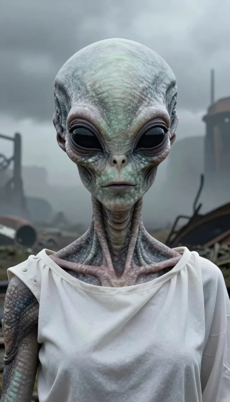 a realistic close-up shot of an alien-woman with full-black solid eyes, dressed with a white tunic, he's looking at the camera, detailed skin with monochrom pattern on face, in a dystopian world, cloudy and foggy weather, post-apocalyptic, canon 5d, 50 mm