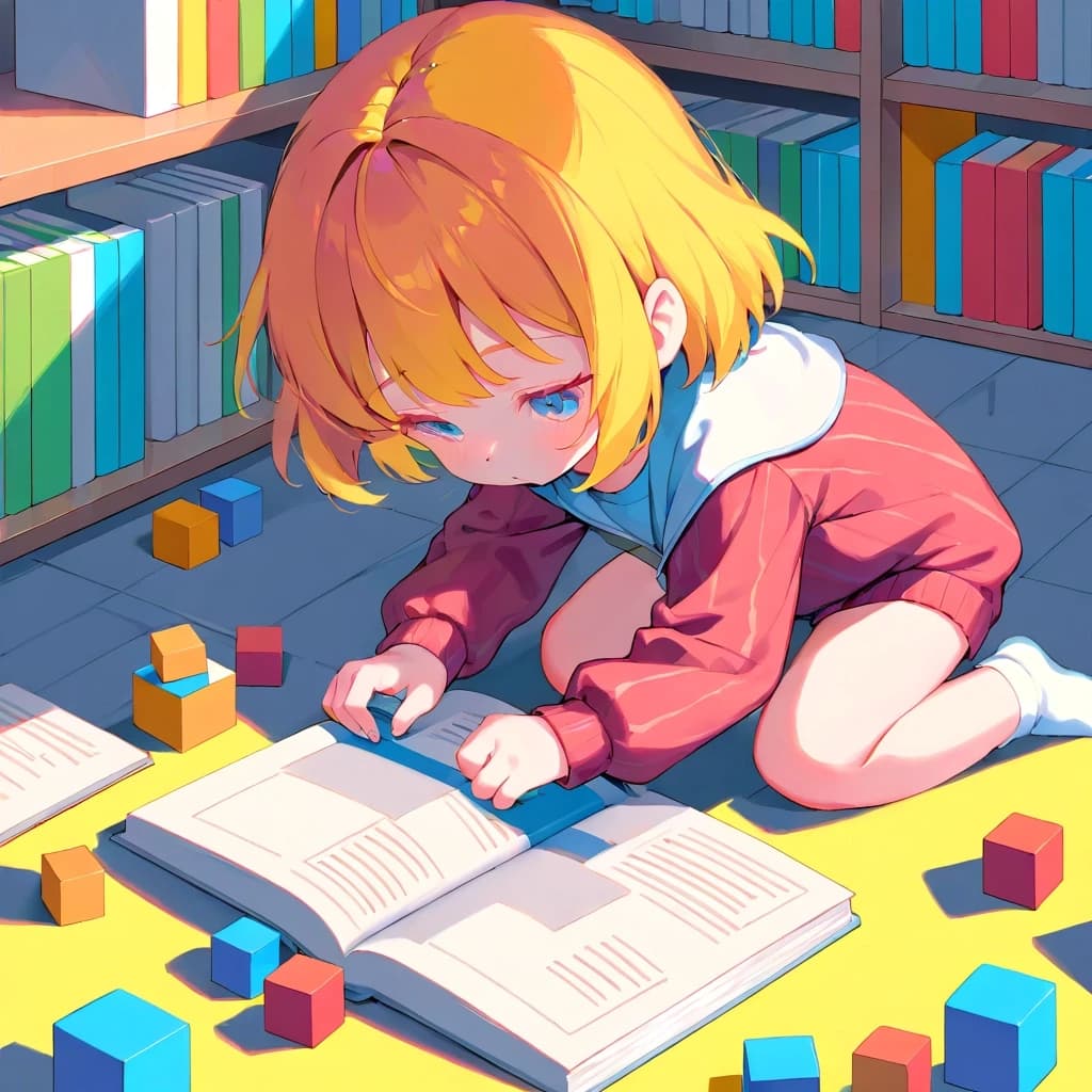 Ребёнок играет с кубиками, читает книгу или рисует (яркие цвета).