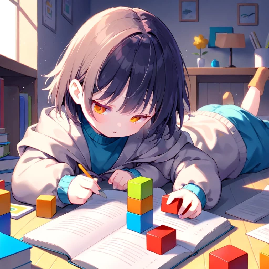 Ребёнок играет с кубиками, читает книгу или рисует (яркие цвета).