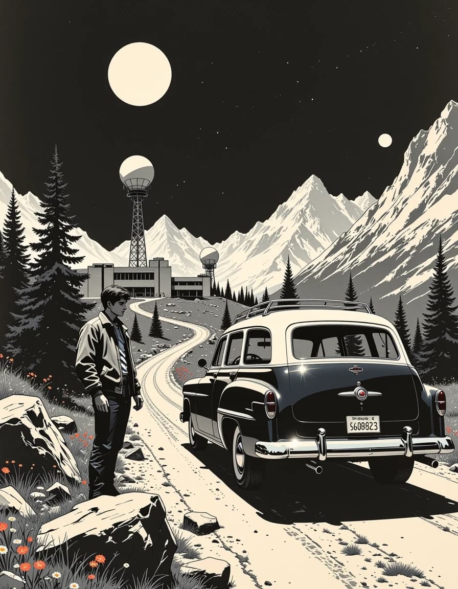 A masterpiece,  in the style of the 1980s, with bold lines, dynamic strokes and rich textures, on background with a touch of nostalgia, perhaps with subtle drawings inspired by cellulose and vintage, worn textures similar to paper, oil painting, Retro‑futuristic monochrome pulp sci‑fi illustration, vertical composition, high‑contrast black ink and wash with subtle blue tint in the night sky, textured aged paper edges and film grain. Foreground: rugged alpine flora, rocks and wildflowers framing a dirt road. Center left: a stoic young man in a bomber jacket and high boots, standing beside a glossy 1940s era station wagon rendered with deep chrome reflections, heavy tire treads, and realistic metal highlights. Midground: winding road leading to a radar facility with multiple large parabolic satellite dishes perched on concrete buildings, pine trees punctuating the scene. Background: jagged mountains under a starry sky with two visible moons, dramatic rim moonlight casting long shadows and sharp highlights. Style: detailed ink engraving and brushwork, halftone texture, stippling for gradients, cinematic lighting, moody noir atmosphere, nostalgic 1940s poster aesthetic, ultra‑detailed, high resolution, crisp linework and rich tonal range. celshading, simple background