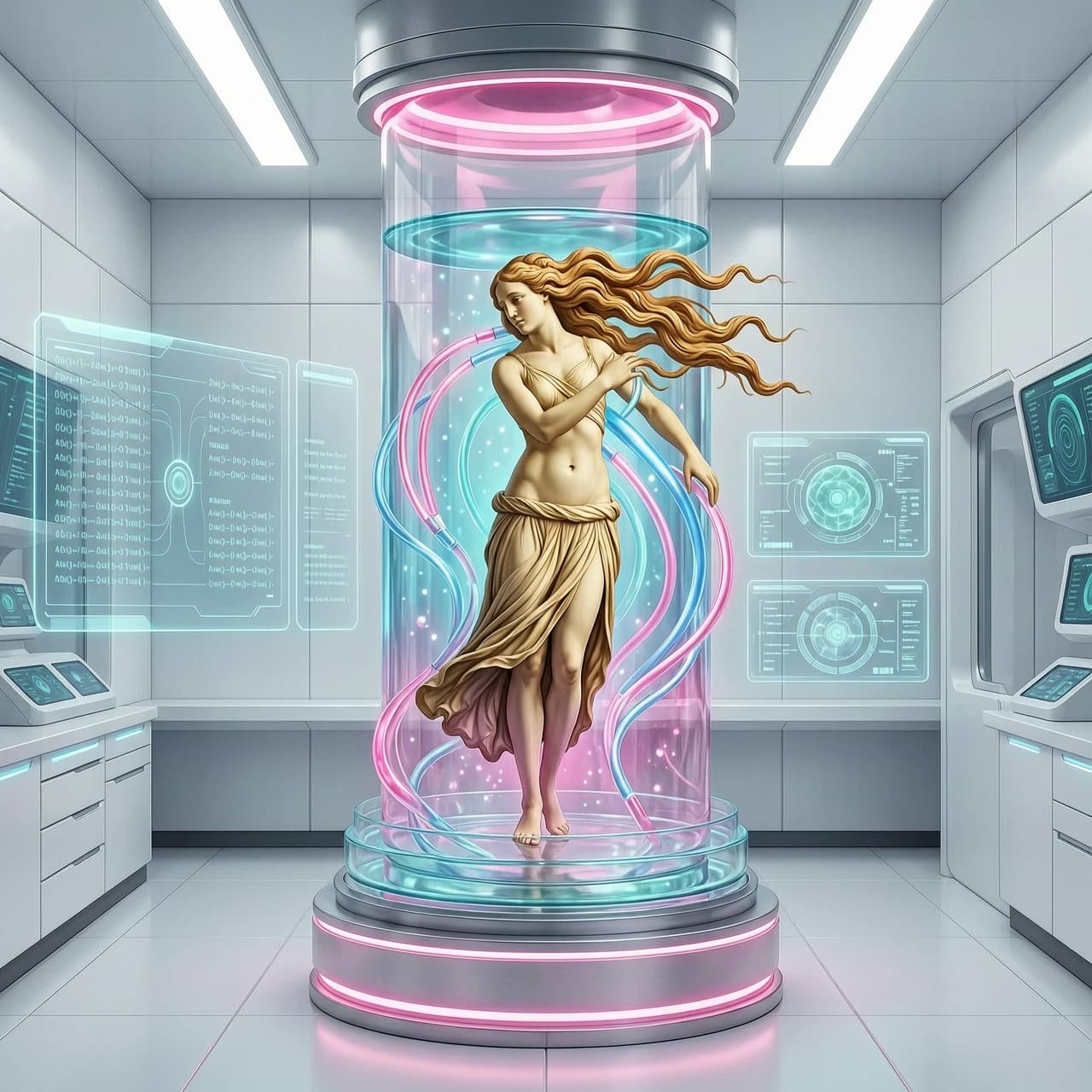 A stunning surreal collage: Sandro Botticelli's "Birth of Venus" reimagined in a futuristic biotechnology lab. Venus is not emerging from a shell, but being "grown" in a giant glowing test tube filled with iridescent liquid. Her iconic hair flows not in the wind, but through tubes of pink and blue serum. Instead of the sea, she stands on a petri dish. The background is a sterile, high-tech laboratory with holographic screens displaying genetic codes. The palette is clinical whites, glowing pinks, and bioluminescent blues. Hyper-detailed textures, sci-fi meets Renaissance art. 9:16 vertical. No text.