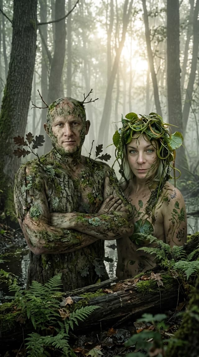 Hyper-realistic cinematic shot, National Geographic style photography, capturing a mystical encounter in a dense, misty Slavic swamp. A man and a woman transformed into Leshy and Kikimora. The man (Leshy) has weathered, bark-like skin textures subtly integrated with his natural skin tone, adorned with moss, lichen, and small twigs, maintaining his original facial features and proportions. The woman (Kikimora) features intricate patterns of swamp vegetation and damp algae entwined in her hair and skin, preserving her authentic face and anatomy. They are positioned naturally within a primeval forest setting. Lighting is moody and atmospheric, with soft, diffused sunlight filtering through thick fog and ancient canopy, creating realistic shadows and highlights. Composition is a medium shot, capturing their organic integration into the environment. High-detail textures of wet mud, decaying leaves, and damp moss. Shot on 35mm lens, f/2.8, grainy film texture, authentic color grading, ultra-realistic skin pores and organic details, no digital smoothing, looking like a raw, candid photograph of mythological beings.