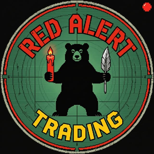Создай круглый логотип-аватар для YouTube и Instagram канала "Red Alert Trading". Итоговое изображение должно быть квадратным (1080x1080 пикселей), но основная композиция — внутри круга по центру, как стандартная аватарка.

Стиль: Command & Conquer: Red Alert 2, советский военный интерфейс, пиксельная графика, состаренные текстуры, линии сканирования, лёгкий эффект помех.

В центре круга — чёрный силуэт медведя (спокойного, массивного, на задних лапах). В правой лапе держит красный свечной график (японские свечи), в левой — стилизованное металлическое перо-серп. Вокруг медведя по внутренней границе круга — тонкая красная окантовка с пиксельными разрывами. Над медведем, внутри круга, дугой надпись "RED ALERT" (красные рубленые буквы). Под медведем, тоже дугой — "TRADING" (жёлтые буквы поменьше).

Фон внутри круга: тёмно-зелёный, с сеткой координат и слабой радарной развёрткой. В правом верхнем углу круга — крошечная мигающая красная точка. За пределами круга — чёрный фон (или можно оставить прозрачность, если система позволяет).

Никаких лиц. Никакой свастики или реальной политической символики. Только игровая стилистика Red Alert 2.