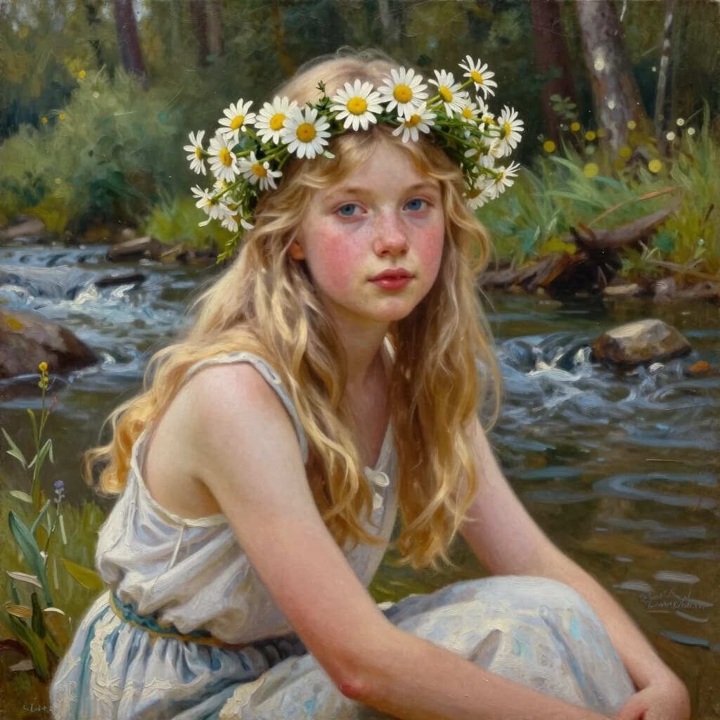 A masterpiece. Style: oil painting. (Image. How does artificial intelligence imagine: A beautiful Slavonian blonde girl with a wreath of field daisies is sitting on a riverbank against a forest background):1.8. Intense close-up.  High quality. High resolution. Increased attention to fine details and texture. The artist is Russ Mills.