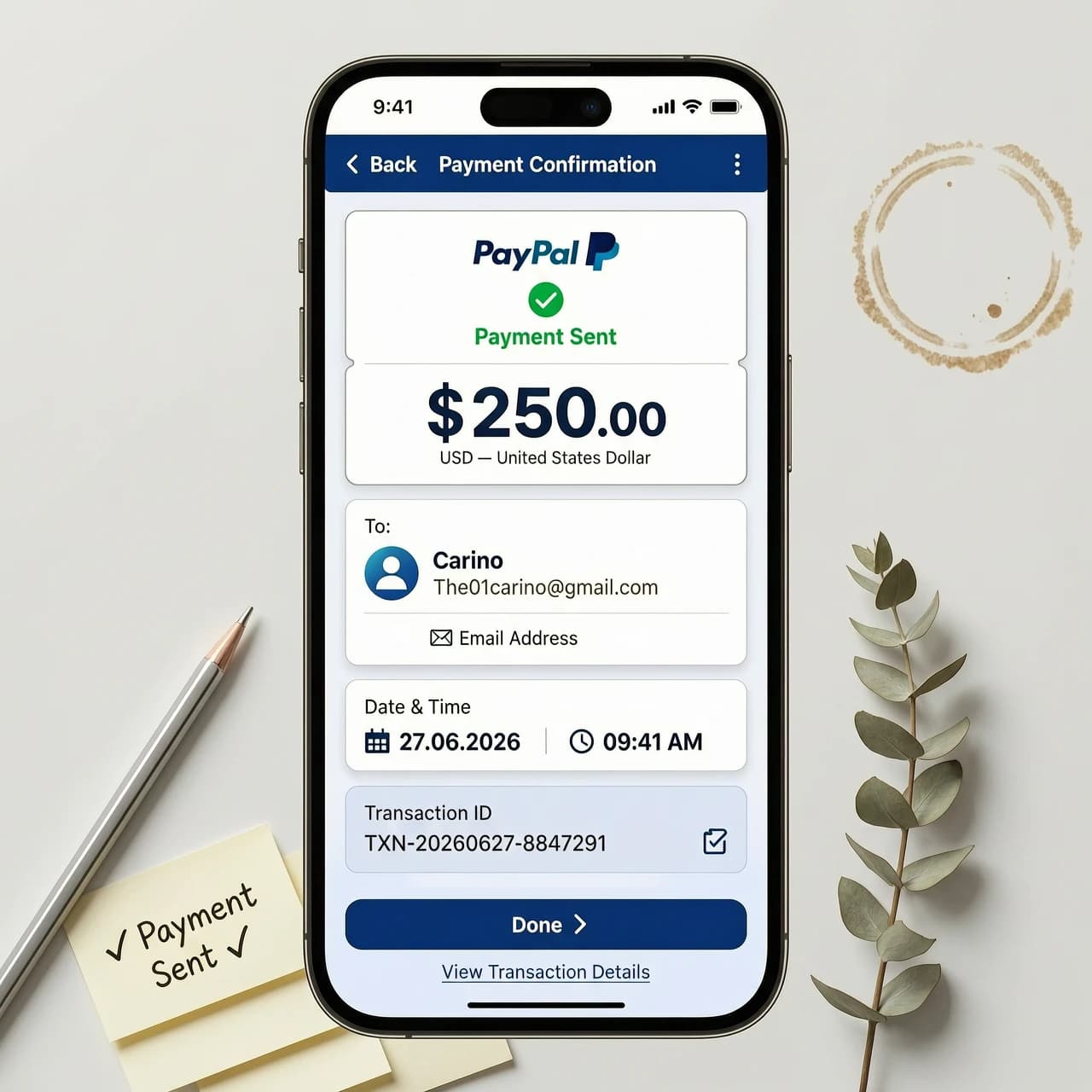 Generate an electronic transfer/bill for $250 in a mobile version of PayPal to The01carino@gmail.com on 27.06.2026