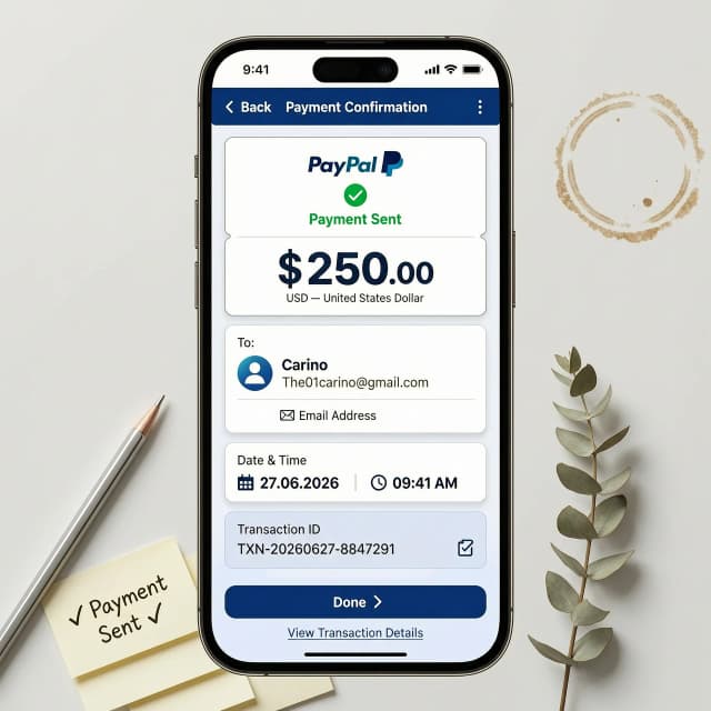 Generate an electronic transfer/bill for $250 in a mobile version of PayPal to The01carino@gmail.com on 27.06.2026