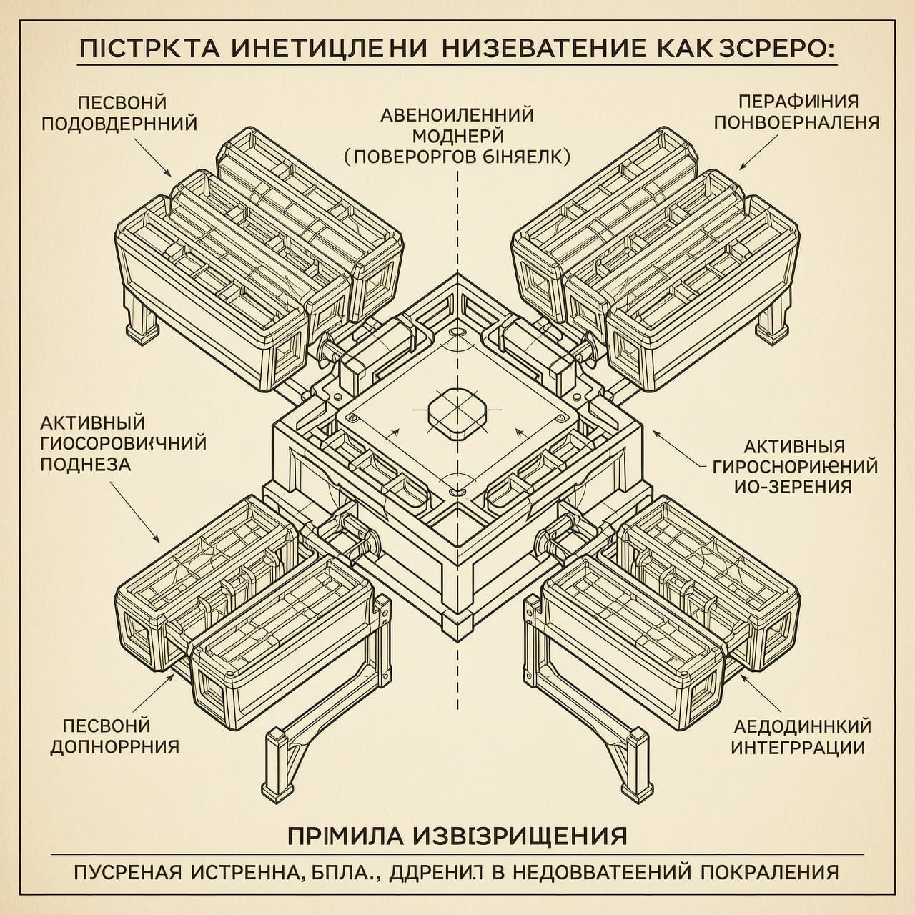 нарисовать для потента в изобретение как черчёж 
Описание принципиальной схемы изобретения:

Архитектура Distributed Gimbal: В центре композиции — опорная плита подвижного носителя. На ней смонтированы четыре независимых субмодуля (сектора) с транспортно-пусковыми контейнерами (ТПК). Отсутствует единая центральная турель. Каждый сектор механически изолирован от соседних и оснащен собственными исполнительными механизмами по осям азимута (горизонтальный поворот) и угла места (вертикальный наклон).
Симметричный разнос секторов: Сектора расположены крестообразно. На чертеже наглядно показано состояние наведения: два левых ТПК развернуты в левую заднюю полусферу, а два правых — в правую переднюю. Это демонстрирует возможность одновременного охвата противоположных направлений без инерционного разворота всей массы установки.
Активный гироскопический подвес: Между шасси носителя и опорной плитой пусковой системы расположен блок активного подвеса (выделен выносной линией). Он включает в себя карданов подвес с тремя степенями свободы и силовой маховик-гироскоп. Система удерживает плоскость горизонта матрицы ТПК абсолютно неподвижной относительно Земли, физически компенсируя крен и дифферент бронированного шасси при движении со скоростью до 60 км/ч.
Нейросетевой модуль ИИ-зрения: На боковой проекции выделен герметичный вычислительный блок. К нему сходятся шлейфы данных от оптических сенсоров кругового обзора. Модуль отвечает за автоматическое распределение целей между свободными секторами и коррекцию углов вылета с учетом порывов ветра и маневров носителя.
Аэродинамическая интеграция: Контуры защитных кожухов направляющих имеют аэродинамический профиль. Решетчатая структура фермы-основания обеспечивает естественную вентиляцию, отводя реактивные струи вертикально вниз через ячейки решетки, что исключает их отражение от корпуса машины и «задувание» соседнего дрона.

Формула изобретения (краткая суть для патентного бюро):

Пусковая установка БПЛА, отличающаяся тем, что массив из $N$ контейнеров разделен на независимые субмодули, каждый из которых имеет автономные приводы по осям азимута и угла места (Distributed Gimbal) для исключения инерционного вращения всей кассеты.
Установка по п. 1, в которой пассивные амортизаторы заменены активным гироскопическим подвесом, обеспечивающим удержание плоскости горизонта ТПК при динамических маневрах носителя до 60 км/ч.
Установка по п. 1, включающая интегрированный нейросетевой модуль ИИ-зрения для автоматического распределения целей и синхронизации залпа в реальном времени.

Данная архитектура позволяет за секунды развернуть группу из четырех аппаратов в разные сектора ответственности с одной точки, обеспечивая массированное применение или создание перекрывающихся зон разведки без необходимости маневрирования самим носителем.