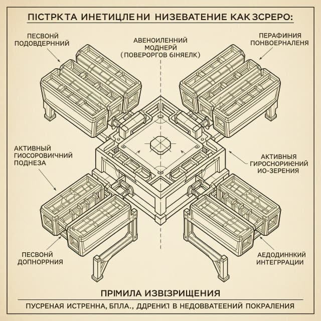 нарисовать для потента в изобретение как черчёж 
Описание принципиальной схемы изобретения:

Архитектура Distributed Gimbal: В центре композиции — опорная плита подвижного носителя. На ней смонтированы четыре независимых субмодуля (сектора) с транспортно-пусковыми контейнерами (ТПК). Отсутствует единая центральная турель. Каждый сектор механически изолирован от соседних и оснащен собственными исполнительными механизмами по осям азимута (горизонтальный поворот) и угла места (вертикальный наклон).
Симметричный разнос секторов: Сектора расположены крестообразно. На чертеже наглядно показано состояние наведения: два левых ТПК развернуты в левую заднюю полусферу, а два правых — в правую переднюю. Это демонстрирует возможность одновременного охвата противоположных направлений без инерционного разворота всей массы установки.
Активный гироскопический подвес: Между шасси носителя и опорной плитой пусковой системы расположен блок активного подвеса (выделен выносной линией). Он включает в себя карданов подвес с тремя степенями свободы и силовой маховик-гироскоп. Система удерживает плоскость горизонта матрицы ТПК абсолютно неподвижной относительно Земли, физически компенсируя крен и дифферент бронированного шасси при движении со скоростью до 60 км/ч.
Нейросетевой модуль ИИ-зрения: На боковой проекции выделен герметичный вычислительный блок. К нему сходятся шлейфы данных от оптических сенсоров кругового обзора. Модуль отвечает за автоматическое распределение целей между свободными секторами и коррекцию углов вылета с учетом порывов ветра и маневров носителя.
Аэродинамическая интеграция: Контуры защитных кожухов направляющих имеют аэродинамический профиль. Решетчатая структура фермы-основания обеспечивает естественную вентиляцию, отводя реактивные струи вертикально вниз через ячейки решетки, что исключает их отражение от корпуса машины и «задувание» соседнего дрона.

Формула изобретения (краткая суть для патентного бюро):

Пусковая установка БПЛА, отличающаяся тем, что массив из $N$ контейнеров разделен на независимые субмодули, каждый из которых имеет автономные приводы по осям азимута и угла места (Distributed Gimbal) для исключения инерционного вращения всей кассеты.
Установка по п. 1, в которой пассивные амортизаторы заменены активным гироскопическим подвесом, обеспечивающим удержание плоскости горизонта ТПК при динамических маневрах носителя до 60 км/ч.
Установка по п. 1, включающая интегрированный нейросетевой модуль ИИ-зрения для автоматического распределения целей и синхронизации залпа в реальном времени.

Данная архитектура позволяет за секунды развернуть группу из четырех аппаратов в разные сектора ответственности с одной точки, обеспечивая массированное применение или создание перекрывающихся зон разведки без необходимости маневрирования самим носителем.