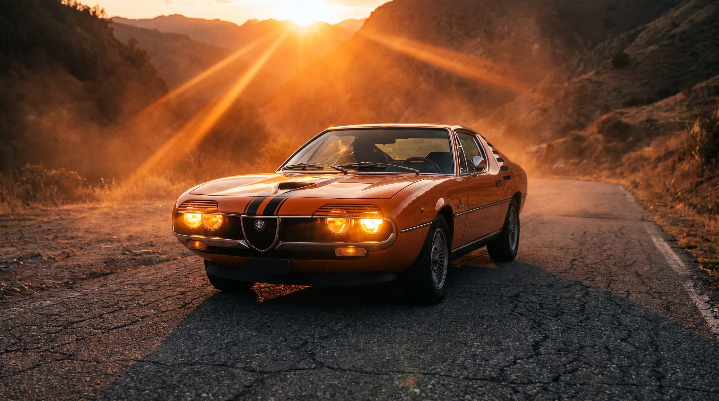 Alfa Romeo Montreal, оранжевый окрас, чёрные полоски, стоит на асфальте, эпичный ракурс, оранжевые лучи, горящие фары, кинематографичная съёмка, шедевр