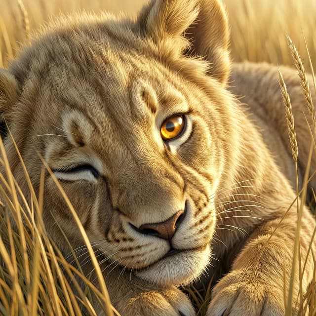 Extreme close-up of a cute fluffy lion cub named Lyova sleeping in tall golden savanna grass. One eye is slightly cracking open, showing a bright amber iris with a contracting pupil as a sharp ray of morning sunlight hits it. Detailed fur texture, soft morning lighting, blades of grass surrounding the face, 3D render style, cinematic lighting, 8k, masterpiece, vibrant colors.