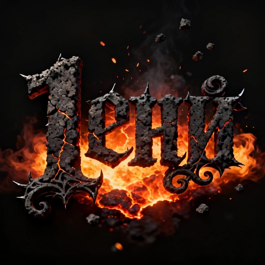 Cinematic smoldering charcoal and glowing ember title text in Russian: "1" with intricate gothic-inspired ash-covered curlicues and sharp, crackling charcoal filigree, volumetric letters made of rough, porous charcoal with deep, pulsating fiery cracks, intense inner glow of molten lava and embers and fiery aura bloom around the text, volumetric 3D typography, dramatic backlighting from within the embers, pure deep black background, subtle rising heat distortion and floating ash sparks in the air, game splash screen title style, epic and primal, ultra-detailed, high quality, sharp focus, no people, no characters, only text.