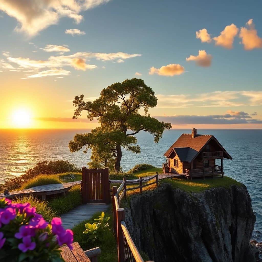 A cozy wooden house on a cliff overlooking the sea, a lush flower garden with a vibrant green tree, a beautiful sunset with sparse clouds, golden hour lighting, cinematic composition, photorealistic, 8k resolution, highly detailed texture of wood and water, depth of field