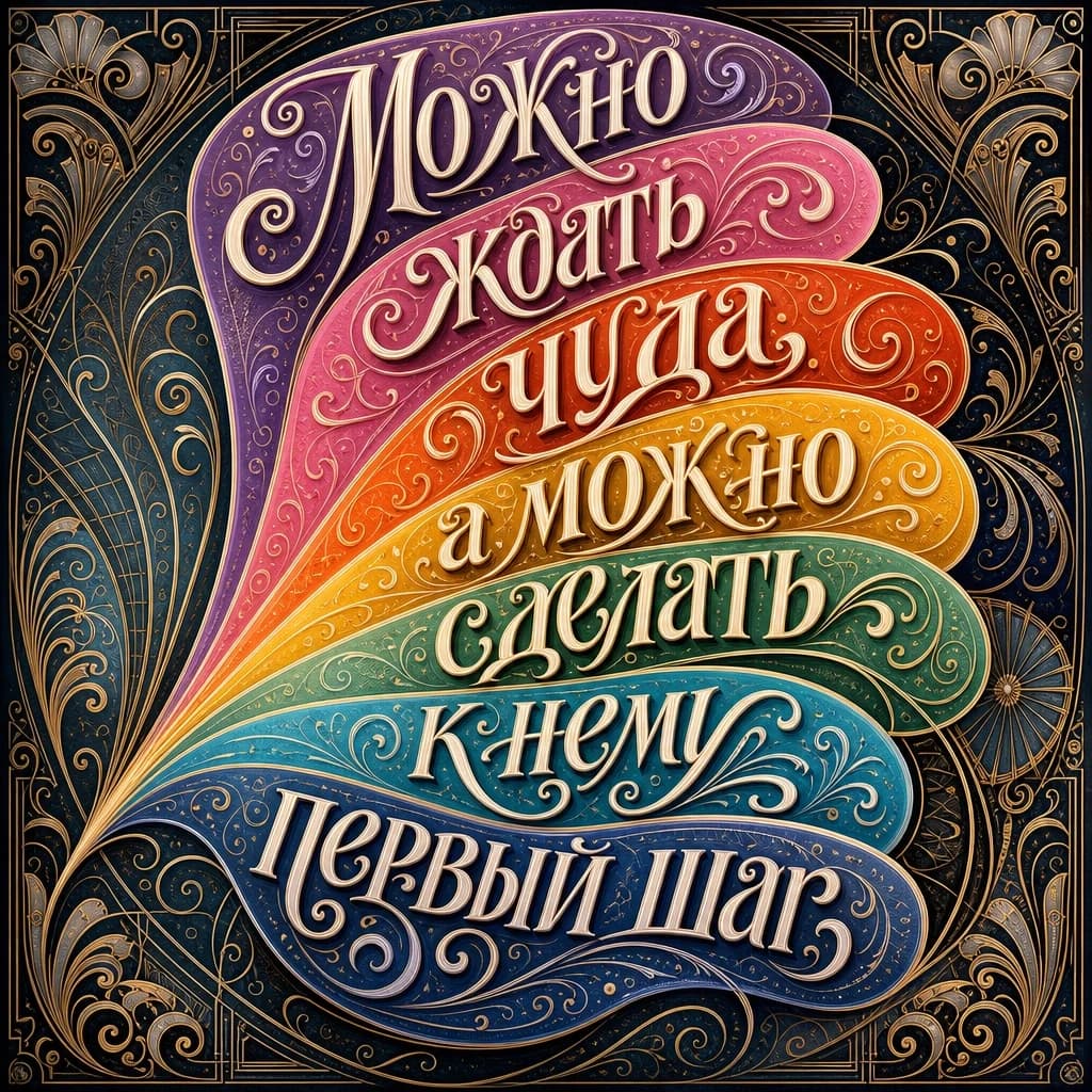 Создай композицию в технике леттеринга, когда из одной точки выходят волнистые разноцветные лепестки, на которые в столбик записана фраза: «Можно ждать чуда, а можно сделать к нему первый шаг». Фраза искусно вписана в невидимый круг — буквы плавно следуют по его дуге, местами перетекая друг в друга, образуя единую ритмичную линию; крупные заглавные буквы выполнены в элегантном смешанном стиле — с тонкими вытянутыми штрихами и выразительными утолщениями, а мелкие детали украшены миниатюрными завитками и точками. Буквы чёткие, хорошо читаемые, их тон отличается от общих тонов, чтобы было хорошо видно, что написано. Гамма цветов гармоничная, яркая, но не кричащая. Фон украшен тонкими узорами в стиле ар-деко и барокко. Высокая детализация, 8К.