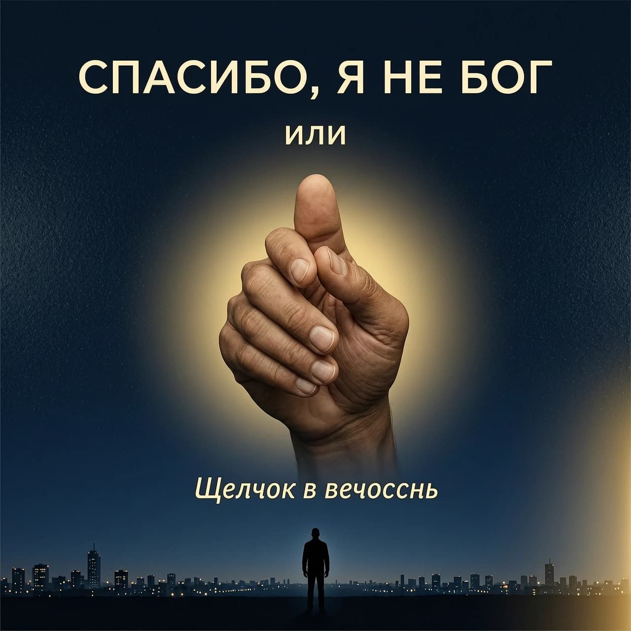 создай обложку книги на русском языке Фон: Тёмно-синий, почти чёрный, с лёгкой текстурой, напоминающей песок или пыль.
Центр: Крупным планом, вид от первого лица - ладонь направлена от нас и вперед— мужская рука, пальцы которой готовы к щелчку пальцами - большой и средний пальцы соединены, безымянный и мизинец прижаты к ладони, указательный смотрит в сторону от нас,. Вокруг них — мягкое золотистое свечение.
Верхняя часть (крупно):
СПАСИБО, Я НЕ БОГ
Чуть ниже (мелко): или
Внизу под всем изображением (курсивом, чуть крупнее «или»): Щелчок в вечность
Под текстом: Едва заметный силуэт одинокого человека на фоне бесконечного горизонта и ночного города
Цветовая гамма: Чёрный, тёмно-синий, золотой. Минимализм, строгость, атмосфера одиночества.