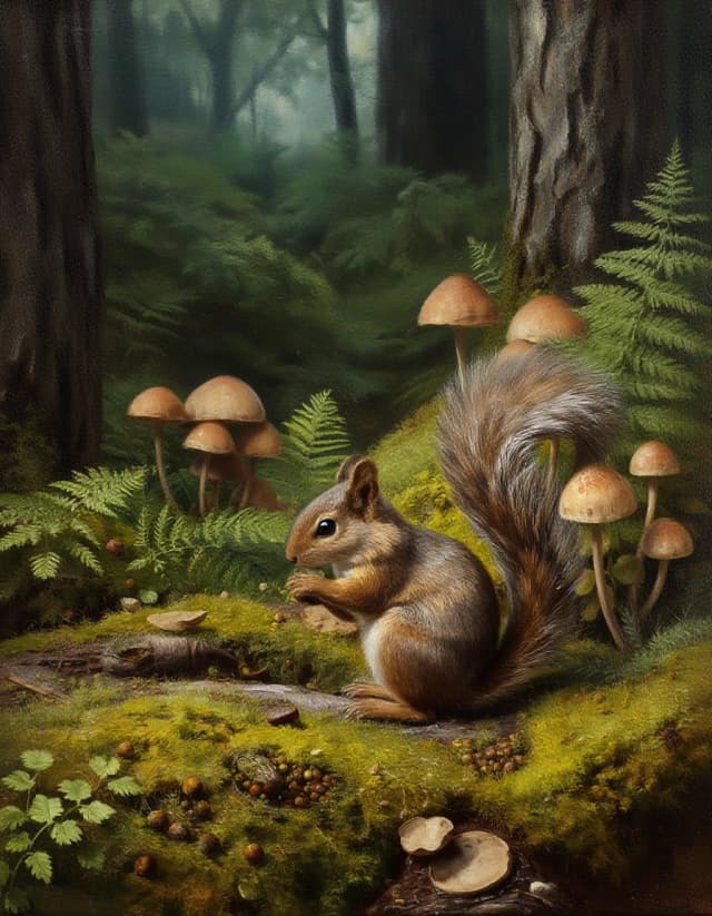 A masterpiece. Creating an image. Style - oil painting. ((A secluded forest glade among ferns, mushrooms and moss, with a squirrel sitting in the foreground:1.6)). High resolution. High detail and clear texture. Close-up. High quality. Increased attention to small details. The aspect ratio is 3:4. The artists are Levitan, Shishkin.