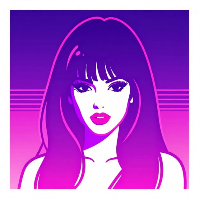 Квадратная обложка в стиле synthwave/retrowave. Крупный, но стилизованный портрет девушки (похожей на Сабрину 80-х) в неоновых контурах. Лицо не прорисовано детально, только узнаваемые черты: объёмные волосы, чёлка, яркий макияж. Фон — градиент от фиолетового к розовому, сверху вниз. По бокам — тонкие линии, имитирующие помехи старого ТВ. Стиль: цифровая иллюстрация, высокая детализация, но без реализма.
