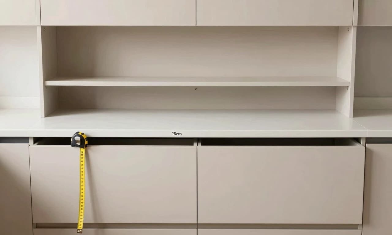 flat lay photo of kitchen cabinet modules from above, a lower cabinet body 57cm deep with tape measure, an upper cabinet 30cm deep behind it, a countertop 60cm deep with overhang marked by shadow, no appliances, no handles, no people, no hands, no english words or numbers visible on objects, soft diffuse light, 8k --ar 16:9 --style raw