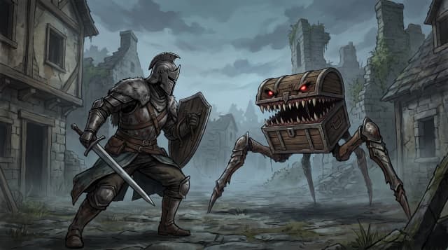 Dark Souls (Game), герой в доспехах Фараама, боевая стойка против сундука-мимика с высокими ногами, на фоне заброшенной деревни, стиль аниме с реалистичными деталями