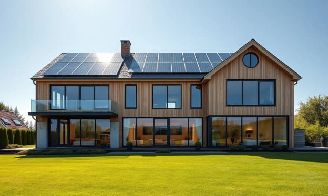 A luxury modern double-story Scandinavian frame house with massive panoramic glass walls and floor-to-ceiling windows. Warm cozy interior lighting shines through the huge windows. Beautiful natural light wood timber facade. On the roof, high-tech glossy solar panels are perfectly and neatly installed, reflecting the sky. Bright sunny day, clear blue sky, perfectly mowed fresh green lawn around the house. Professional architectural magazine photography style, 8k, highly detailed, realistic texture, photorealistic.