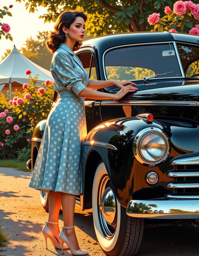 A masterpiece,  in the style of the 1980s, with bold lines, dynamic strokes and rich textures, on background with a touch of nostalgia, perhaps with subtle drawings inspired by cellulose and vintage, worn textures similar to paper, oil painting, Photorealistic cinematic scene of a glossy black 1940s classic car parked on a gravel path beside a lush rose garden at golden hour, its chrome grill and whitewall tires reflecting warm sunset hues; a poised woman in a mid-century light blue polka-dot wrap dress and vintage heels stands by the passenger door, softly touching the car with elegant 1940s waves in her hair and subtle red lipstick, gentle contemplative expression, three-quarter view. Soft warm light, long shadows, shallow depth of field with creamy bokeh on the roses and garden tents in the background, high-resolution textures on metal, fabric and skin, rich filmic color grading, slight film grain, natural skin tones, cinematic framing, high detail, realistic reflections, soft vignette, 50mm lens feel, f/2.8, low ISO, balanced contrast and warm highlights. hdr